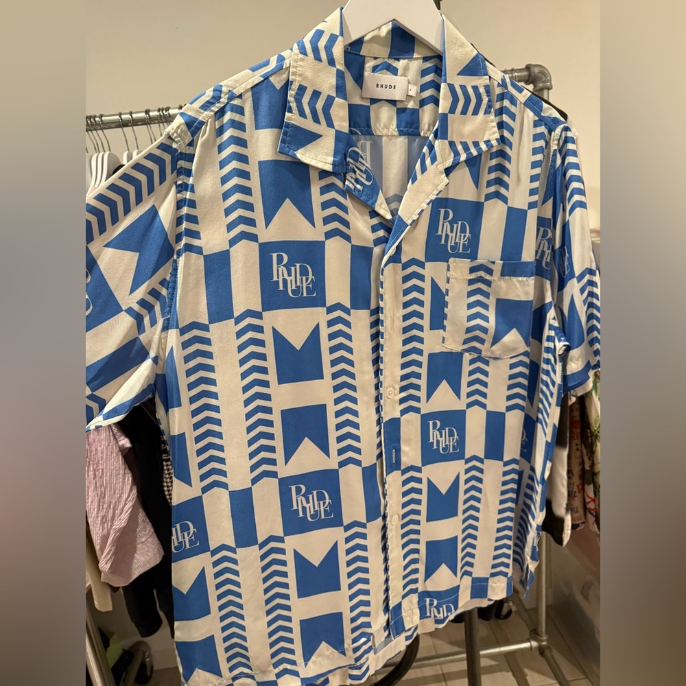 RHUDE SILK SHIRT BLUE AND IVORY